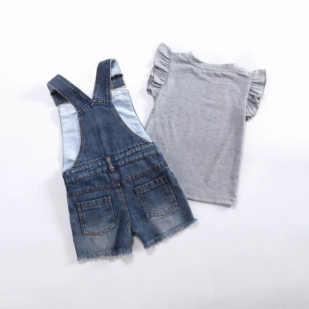 Новое поступление, летняя футболка без рукавов с милыми глазами для девочек+ джинсовый комбинезон, комплекты одежды хлопковый костюм для девочек комплекты одежды для детей