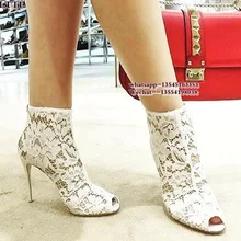 Горячая Распродажа, модные женские кружевные туфли на высоком каблуке, с открытым носком, Шпилька сандалии пятки, ботиночки, белые, черные, пикантные туфли-лодочки, женские ботильоны