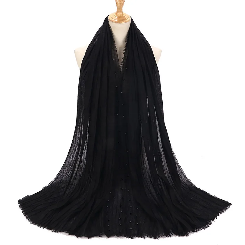 

2019 New Ethnic Oversize Muslim Crinkle Pearl Hijab Head Scarf Women Solid Pleated Bubble Cotton Shawls and Wraps Foulard Femme