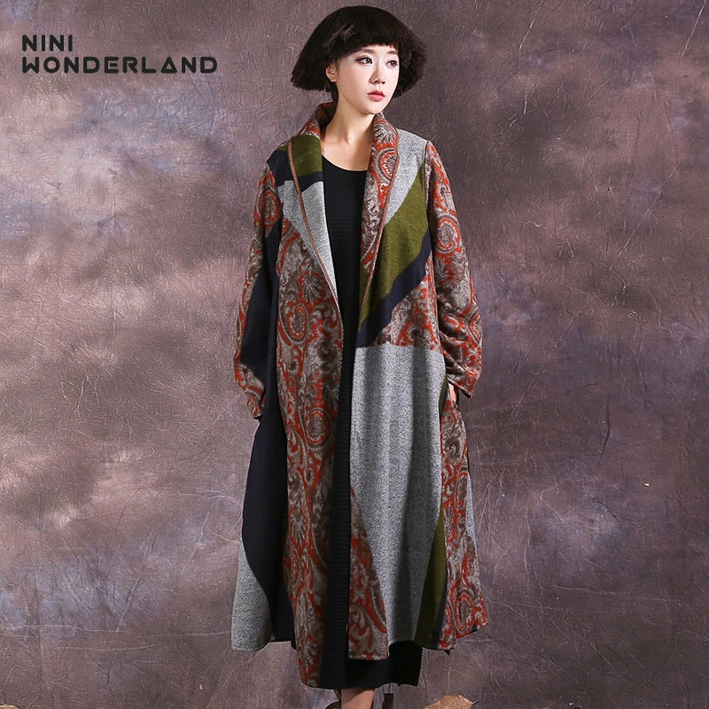 

NINI WONDERLAND Autumn Winter Trench Coat Women Patchwork Long Cardigan Coat Female Turn-down Collar Outerwear Big Size Clothes