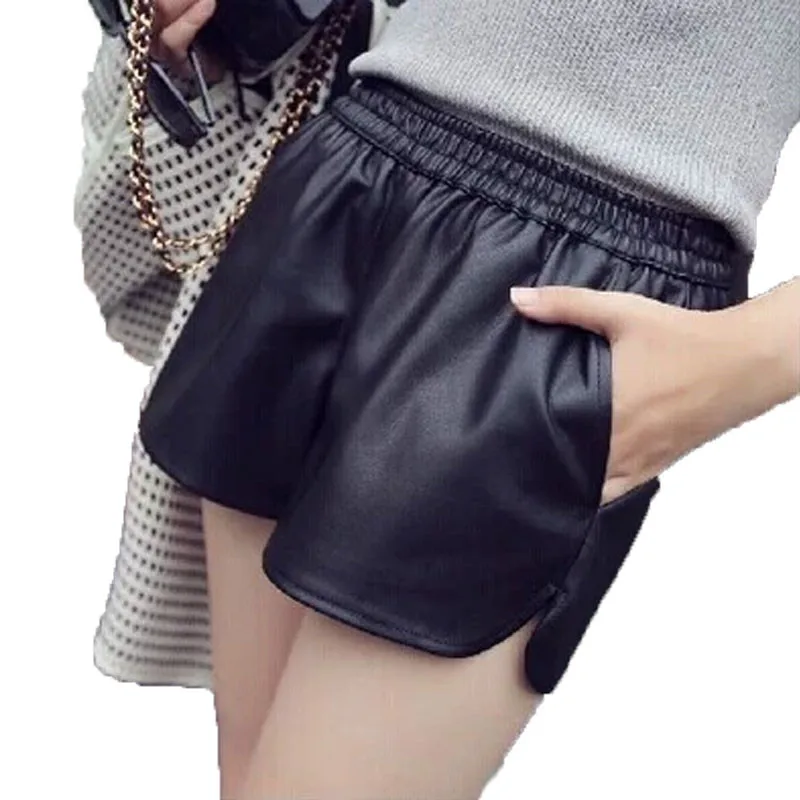 Cheap Loose High Waist Black Workout PU Leather Shorts For
