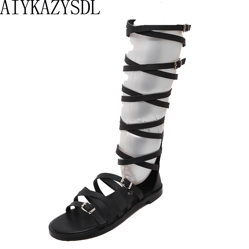 

AIYKAZYSDL 2018 Women Gladiator Rome Sandals Mid Calf Boots Strappy Open Toe Bootie Summer Flat Heel Gothic Casual Cut Out Shoes