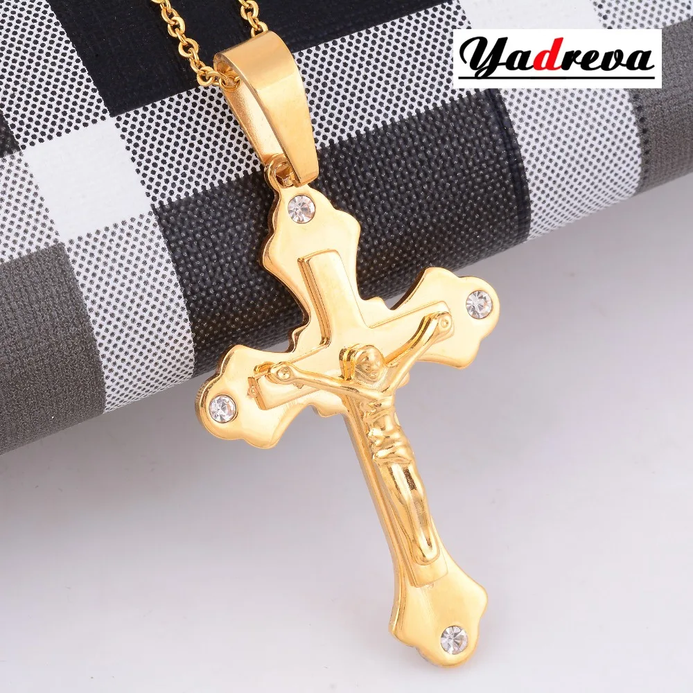 

Stainless Steel Jesus Necklace Cross Pendant Gold Color High Quality Free 50cm Chain Men Religious Jewelry Waterproof 00105HY