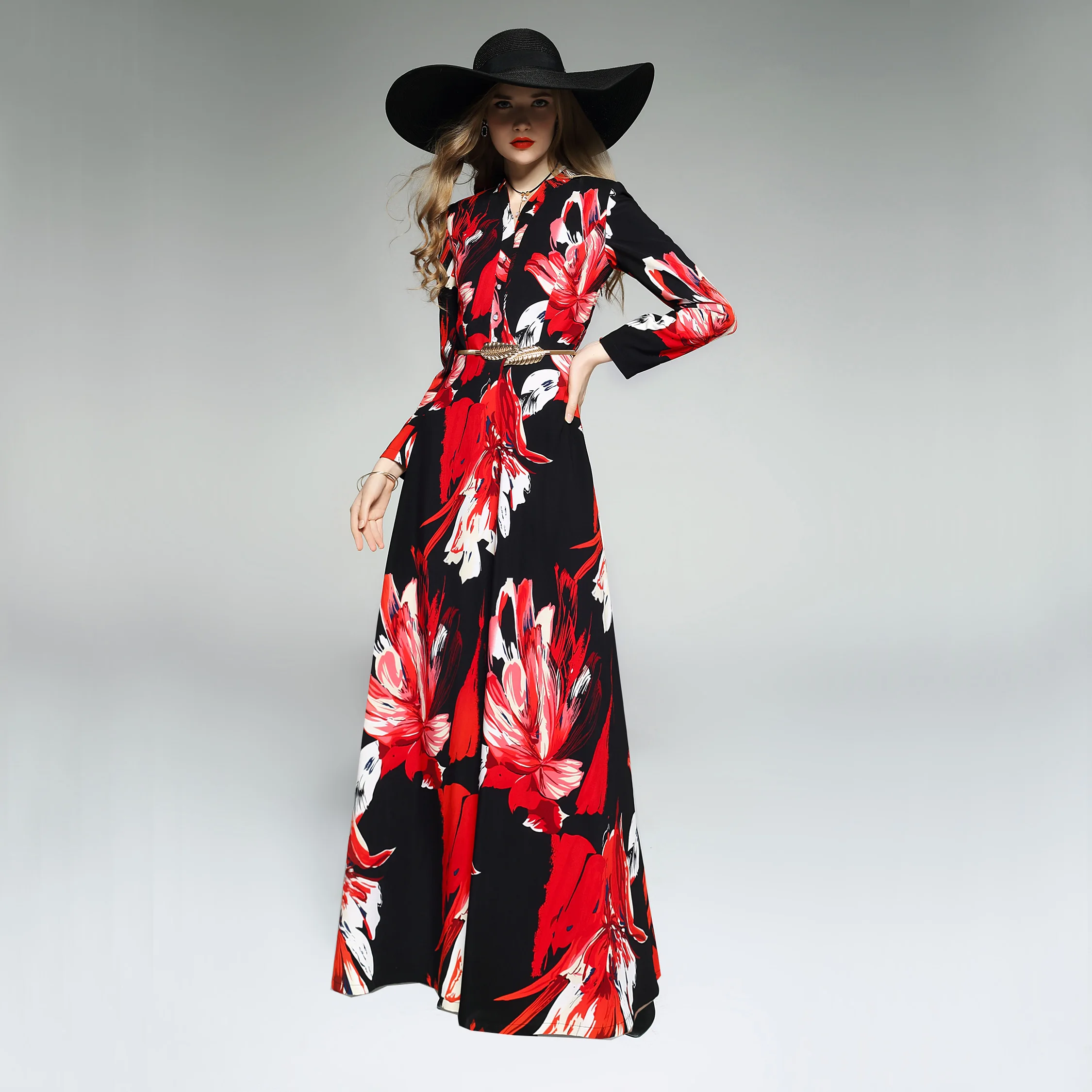 

2019 New Spring and Autumn Women's V-neck Long-sleeved Printing Ultra Long Dress Female Slim Knitting Cotton Maxi Dresses