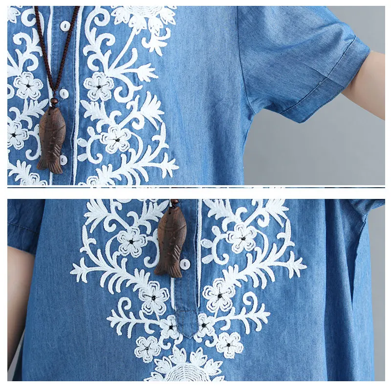 2019 Summer Women Oversize Demin Dress Elegant Vintage Short Sleeves Loose Casual Cowboy Dresses embroidery cotton Jeans Dress