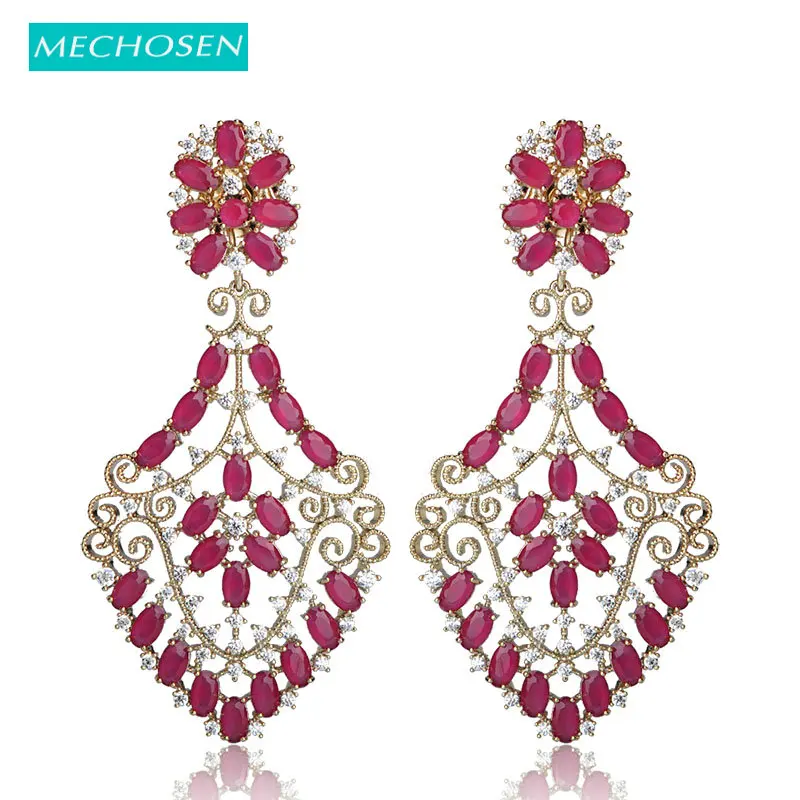 

MECHOSEN Sparkling Milky Red Stone Sector Stud Earrings For Women Gold Color Cubic Zirconia Max Brincos Bridal Wedding Earrings