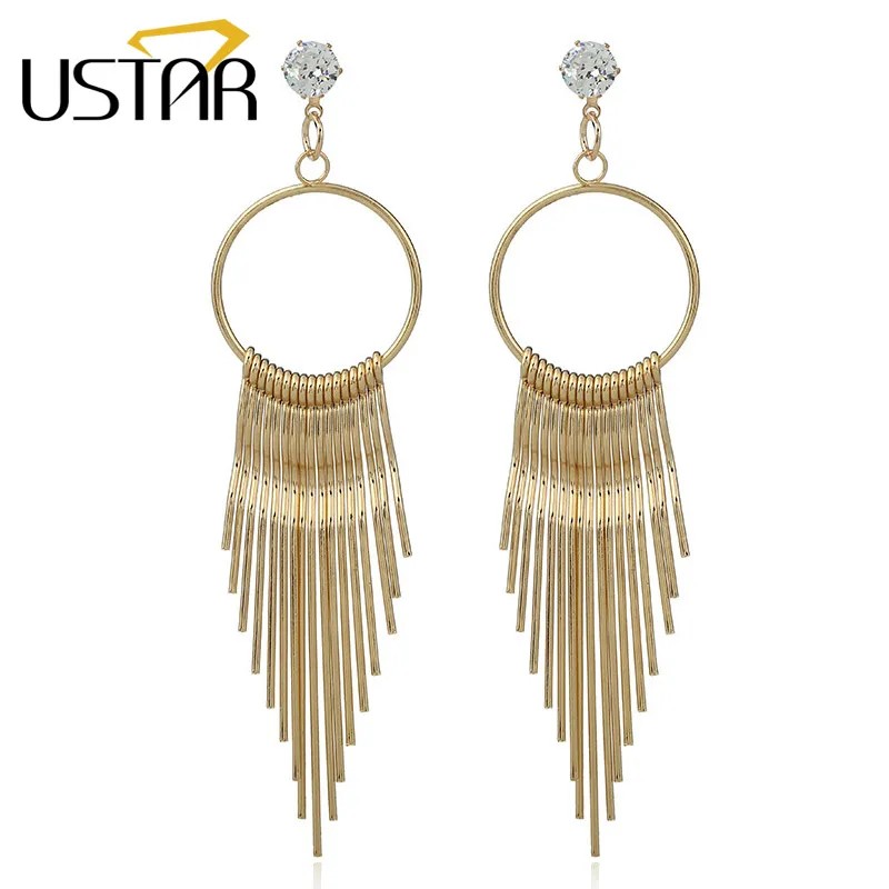 

USTAR New Metal Tassel Earrings for Women fringed Crystal Dangle drop Earrings female 2018 Fashion Jewelry hanging Oorbellen
