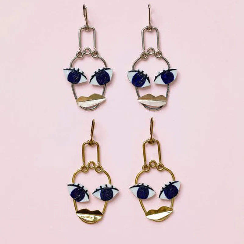 Brand Jewelry Top Quality Unique Metal Gold Tone Hollow Face Dangle 2017 Name Brand Jewlery Retro Exaggerated Face Statement Drop Earrings For Women Y Eye Lips