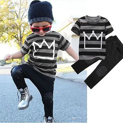 2pcs Newborn Toddler Kids Baby Boys Outfits Striped font b Shirt b font Tops Black Pants