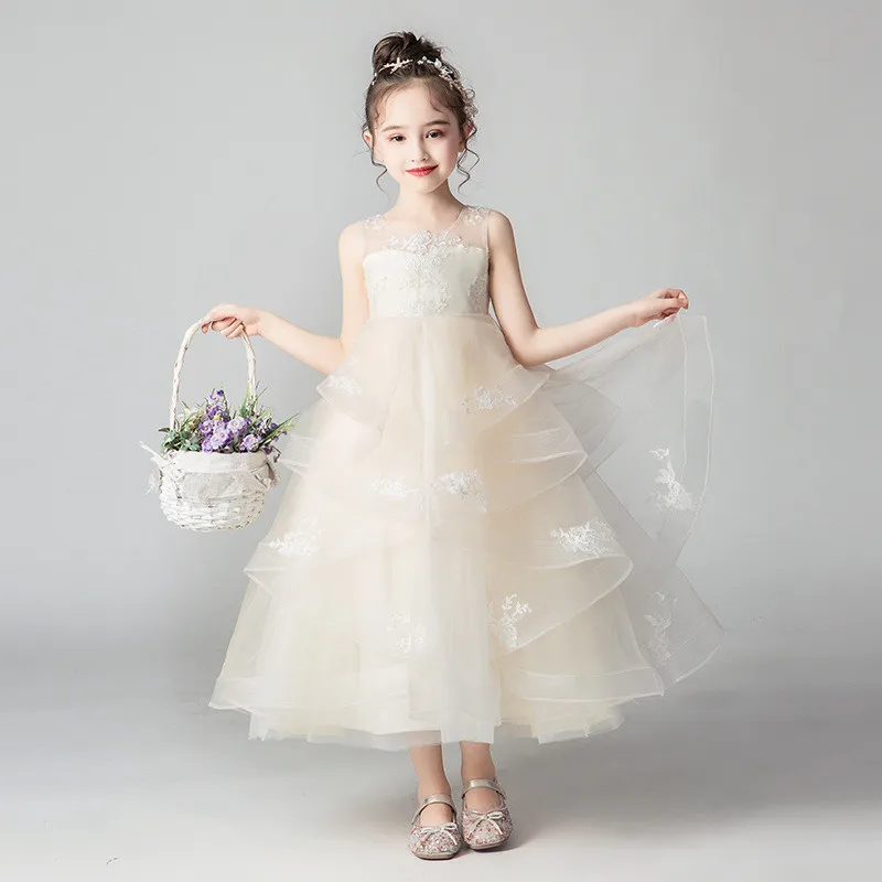 

2019 New Hot Girls Tulle Appliques O-neck Sleeveless Flowers Ball Gowns Girls Princess Dress Birthday Party Wedding Gowns D42