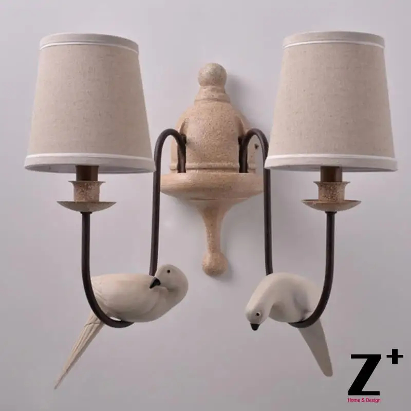 

Country Vintage Wrought Metal Iron Wall Lamp with Two Resin Bird Dove and Fabric Lampshade Free Shipping
