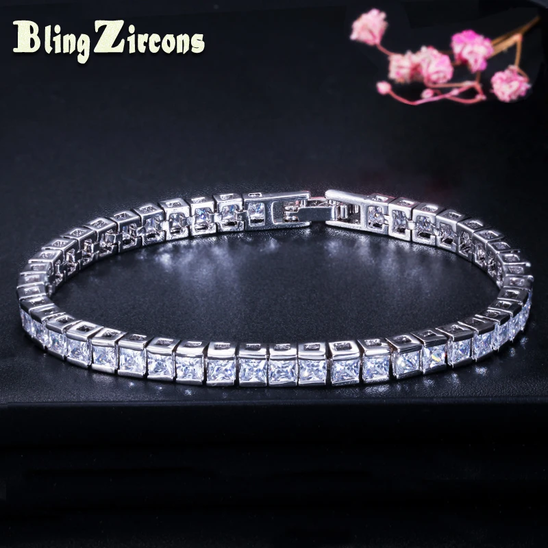 

BlingZircons Fashion Women Bridal Wedding Jewelry Silver Color 3mm Square Cut Setting Tennis Bracelets With Cubic Zirconia B025