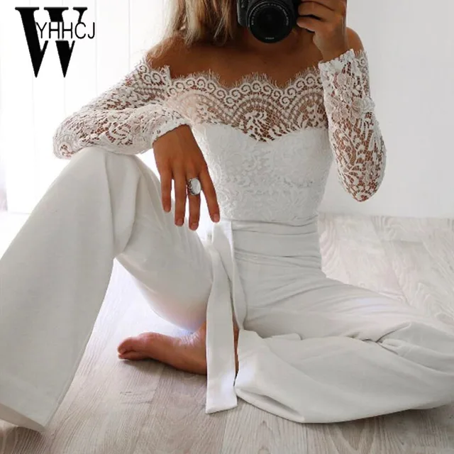 WYHHCJ 2018 women summer jumpsuit sexy off shoulder long sleeve women bodysuit lace patchwork bodycon rompers womens jumpsuit