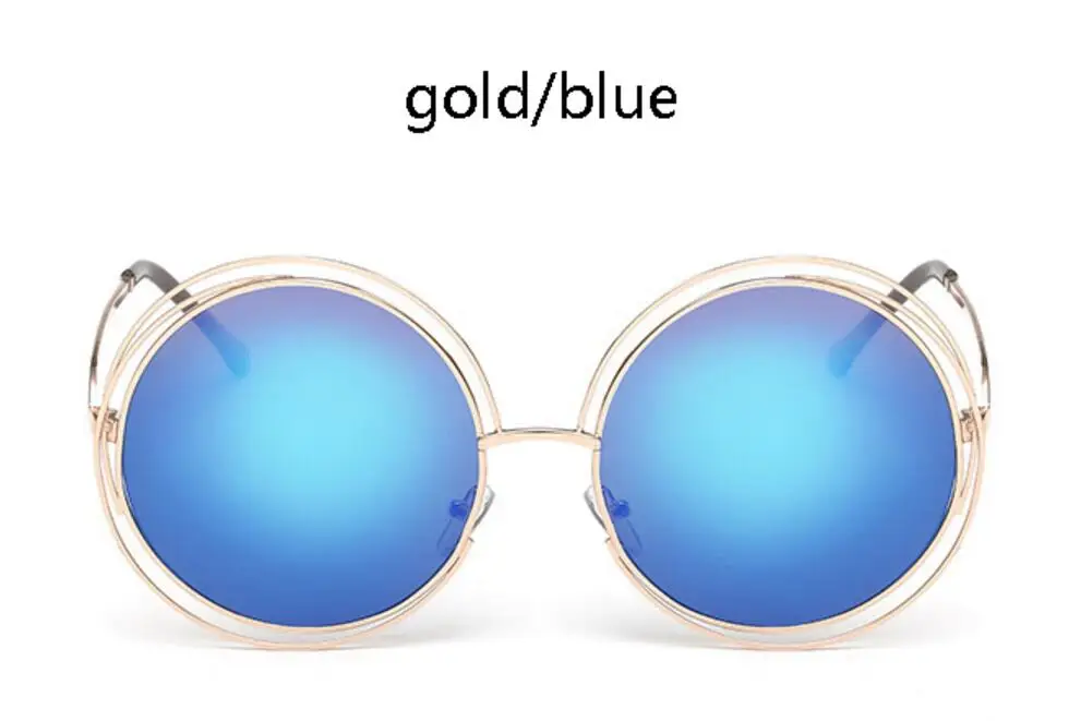 Розовые, желтые солнцезащитные очки для женщин, большие круглые солнцезащитные очки в стиле ретро, роскошные брендовые дизайнерские круглые очки oculos feminino - Цвет линз: gold blue