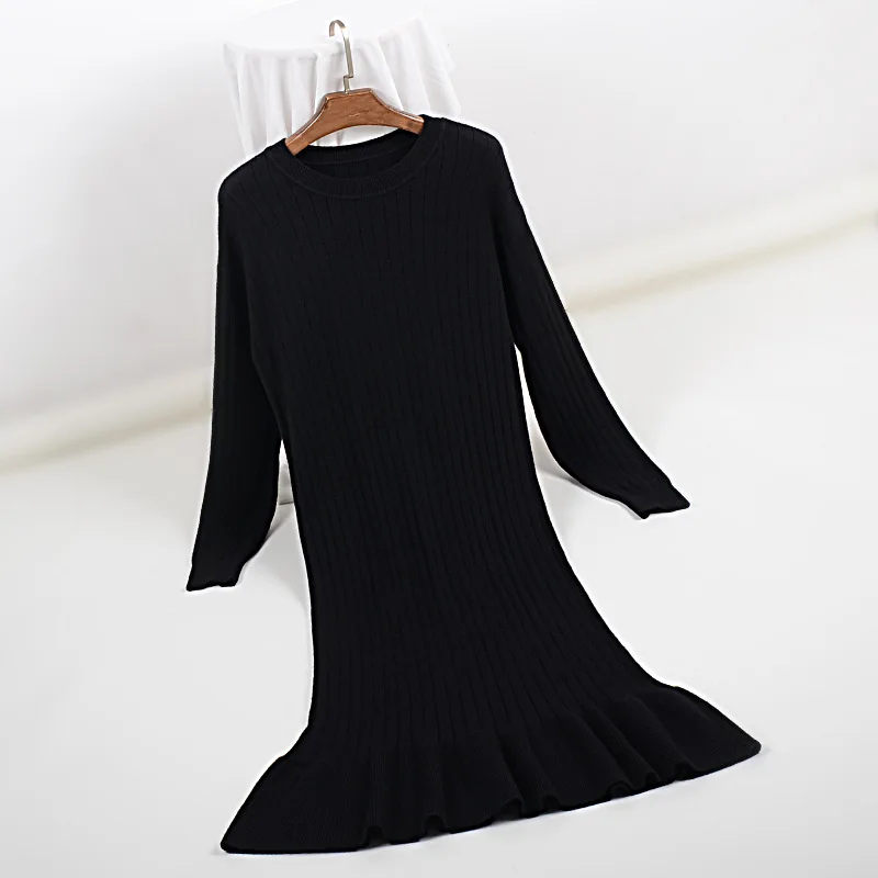 Volants Pull Robe Nouveau Pulls Noir Et Hiver Rond À Manches bleu En Longues kaki Longue Automne 2018 Col Tricot qwXPtxHwO