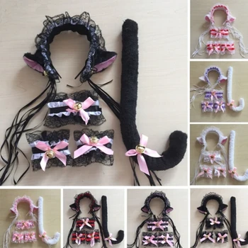 

4/5PCS Cat Fox Fur Ears Anime Kawaii Costume Headband+Tail Wristbands Cute Cosplay Cat Ears Headband Headwear Accessories