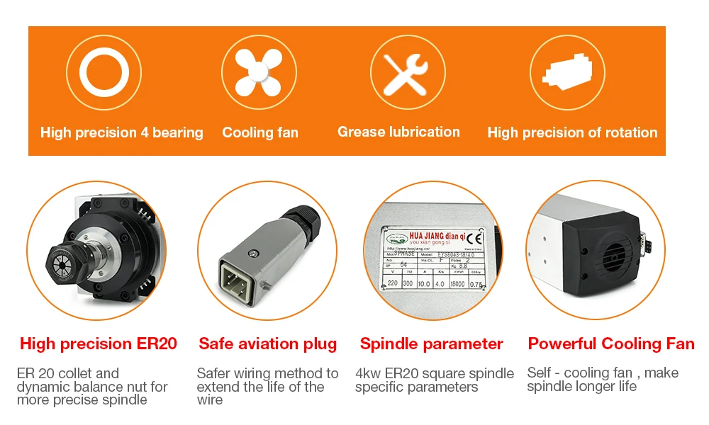 4 кВт Мотор шпинделя с воздушным охлаждением 4 шт. подшипники мотор шпинделя с ЧПУ+ 220 В/4 кВт инвертор+ 1 набор ER20, квадратный фрезерный станок шпиндель