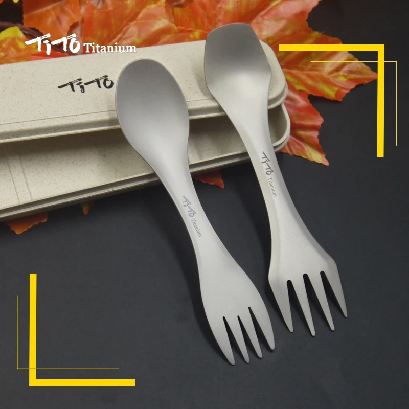 TiTo наружная портативная Титановая Ложка подарочный набор титановая вилка Ультралегкая титановая Spork с короткими палочками для еды и соломинкой