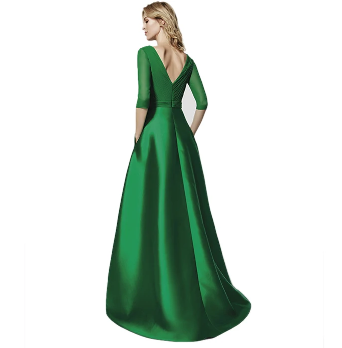 Зеленое Макси-платье с длинным рукавом, с v-образным вырезом, без спинки, с разрезом спереди, элегантные вечерние, с бисером, в пол, платье Robe De Soiree