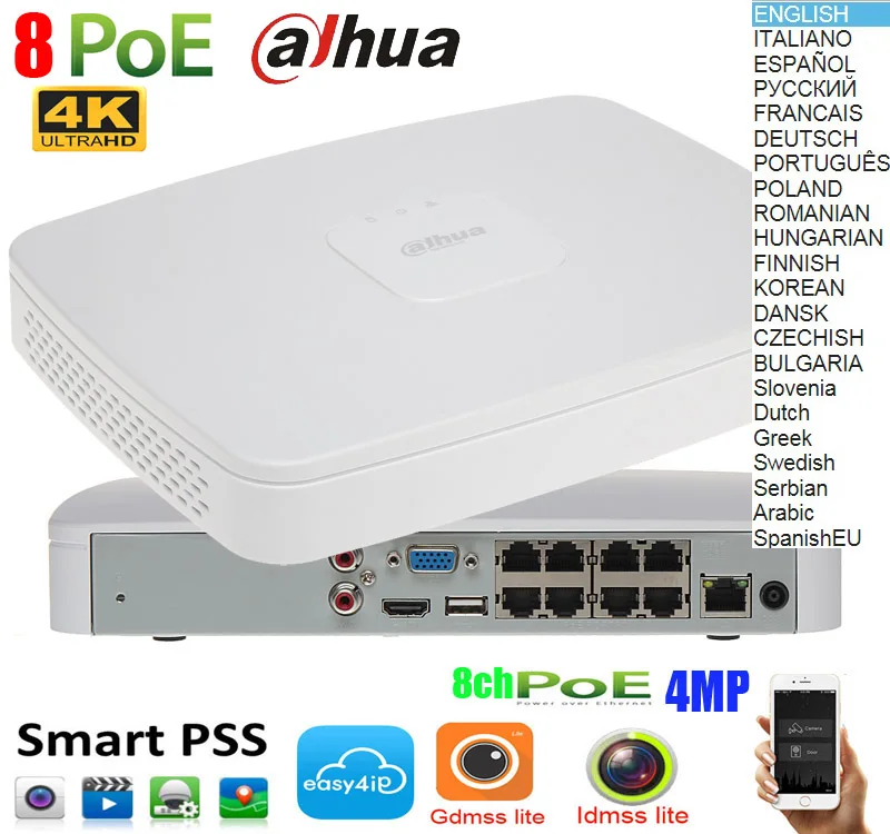 Mutil language DAHUA POE DH-NVR4108-8P-4ks2 DHI-4108-8P-4KS2 H.265 4K 8ch NVR с 8 poe портами Smart 1U Mini NVR