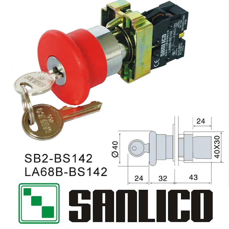 

metal emergency stop mushroom head key switch SB2(LA68B XB2)-BS142 key release