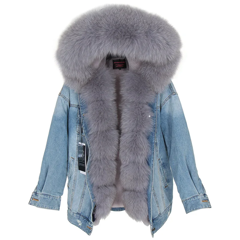 

2019 New winter denim jacket women real fox fur coat fashion denim fox fur warm lady winter jacket women parka short