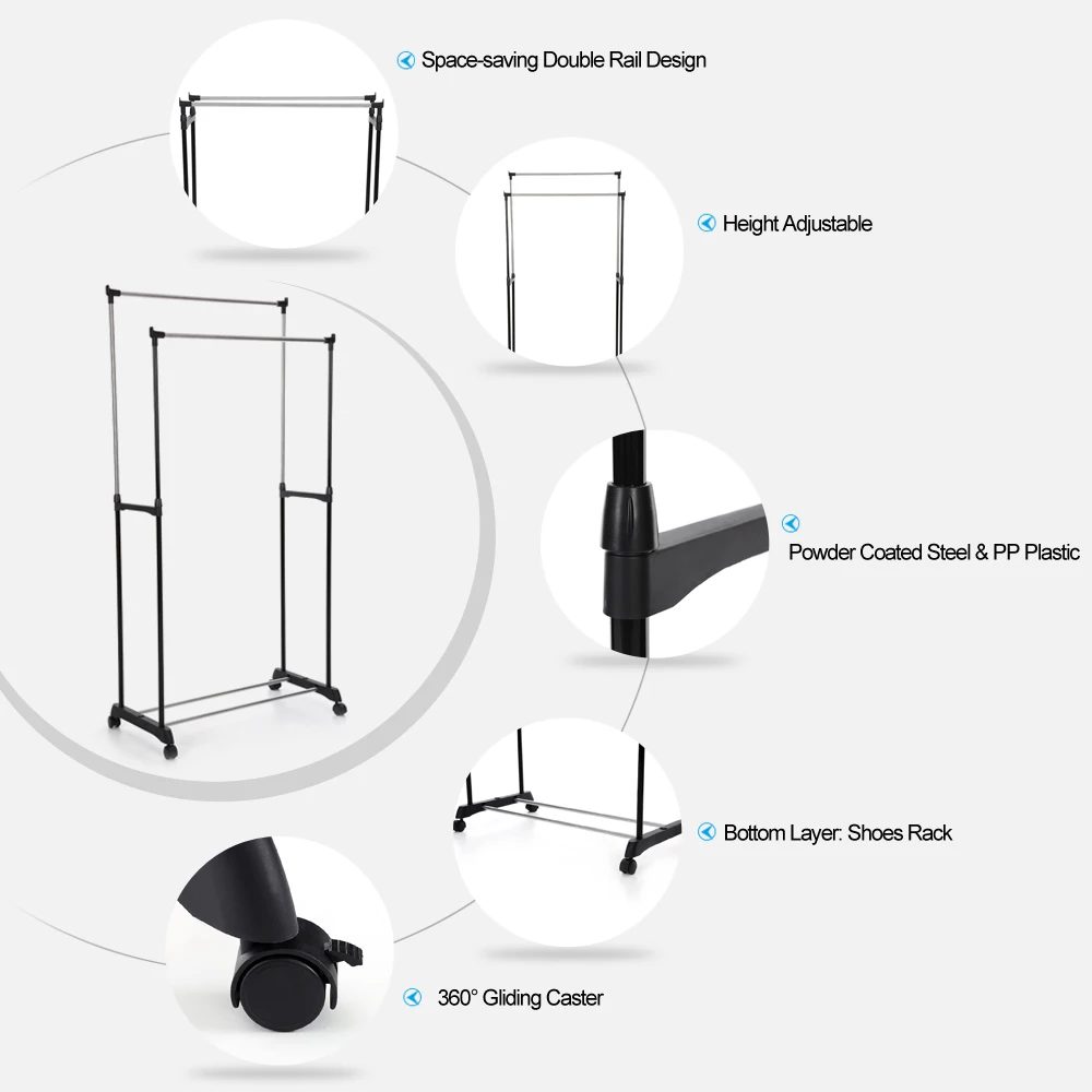 IKayaa стойка для одежды регулируемая стальная двойная рейка стойка для одежды Дисплей Органайзер на колесах обуви стойки