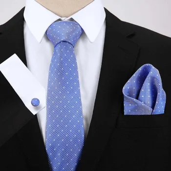 

Mens Tie Skinny Blue Snow Dot 100% Silk Classic Jacquard Woven Extra long Tie Hanky Cufflink Set For Men Formal Wedding Party