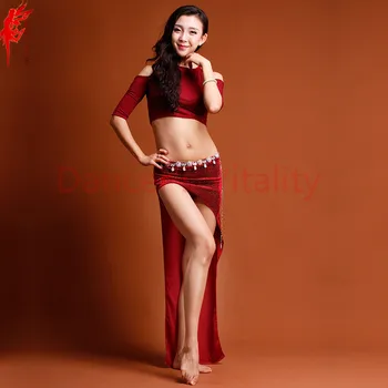 

Belly dance clothing half sleeves top+long skirt 2pcs women belly dance set Salsa Rumba Samba Cha dance exercise suit Costume