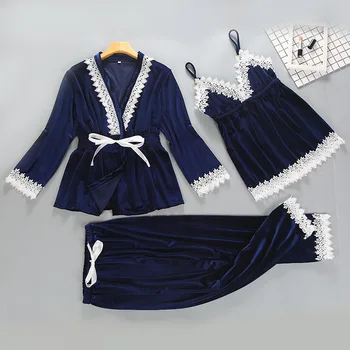 

Autumn Winter Warm 3 Pieces Pajamas Set Women Sexy Pajamas Sleepwear For Women Sleeveless Strap Nightwear Long Pant Robe