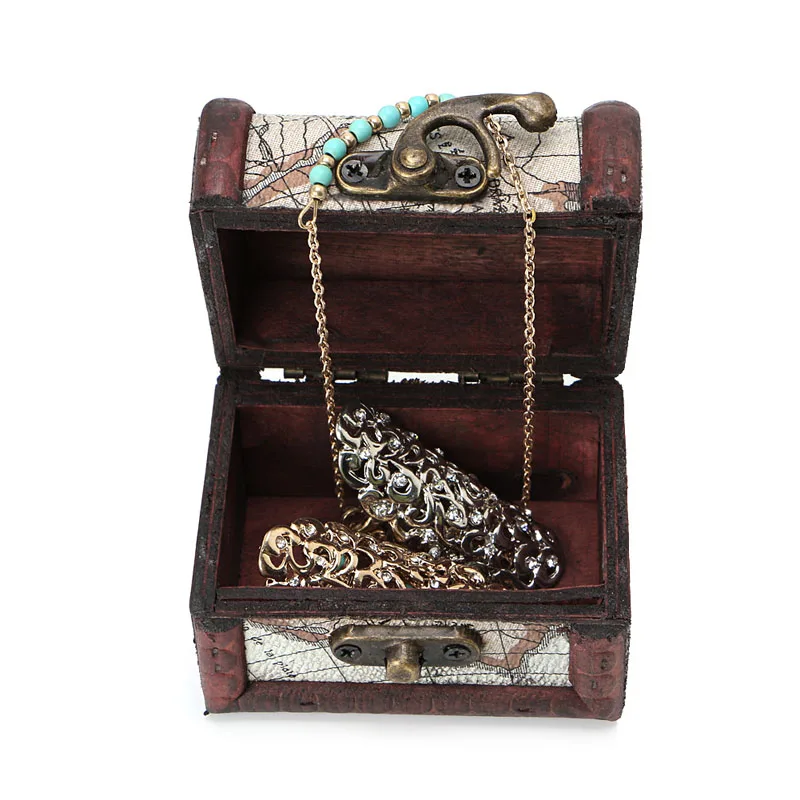 Wooden Pirate Map Jewellery Storage Box Case Holder Vintage Treasure Chest HT0809