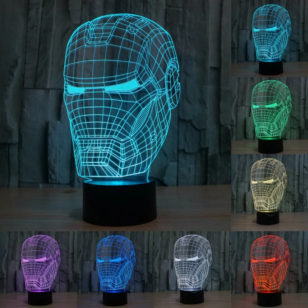 

NEW 7 color changing Night Lamp Decor led 3D illusion night light iron man mask shape LED table lamp as gift NightLight IY803101