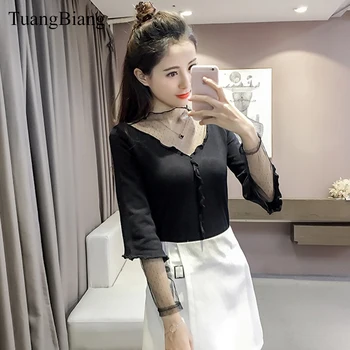 

Lace Patchwork V Neck Ruffles Pullovers Sweaters Mesh Flare Sleeve Short Sweaters Autumn feminino Sexy fake two pieces pullover