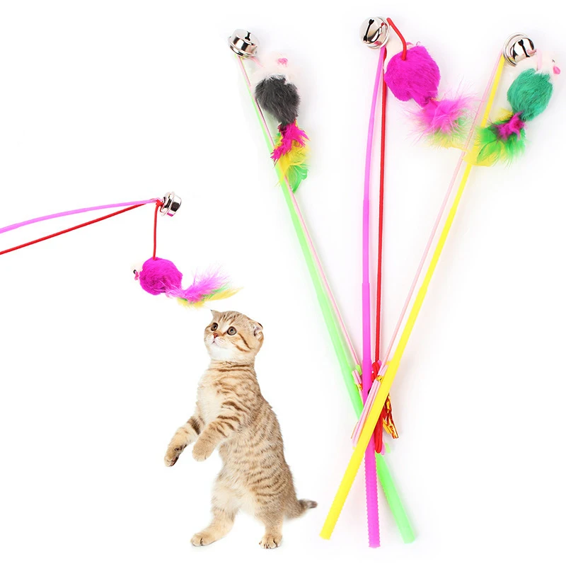 1pcs Faux Mouse Feather Dangle Fun Toy Bell Cat Kitten Toys Wire