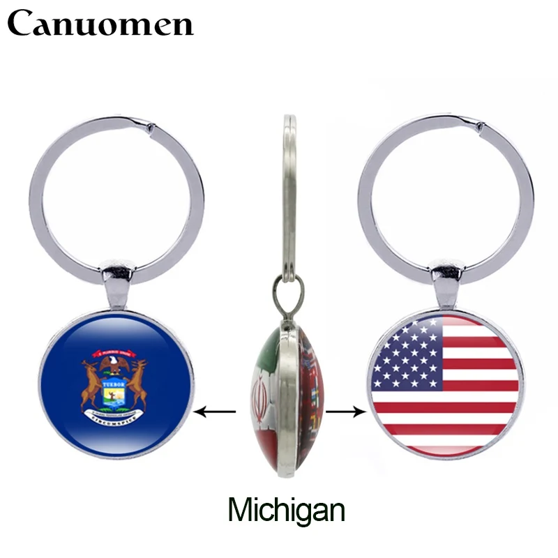 

Canuomen Michigan State Flag Keychain South Dakota Minnesota USA 50 States Glass Double side Keyring Women Men Gifts Jewelry