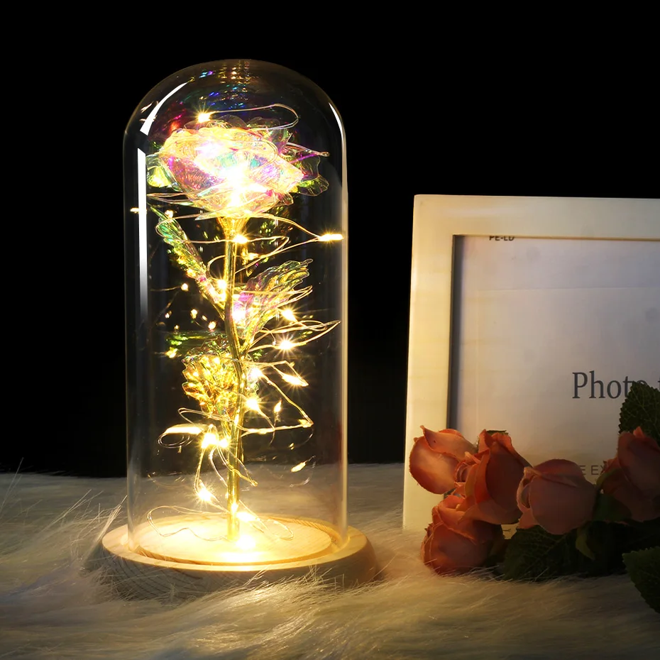 

9 Colors Beauty And The Beast Platinum Red Golden Rose With LED Light In Glass Dome Black Base Mother's Day Valentines Day Gift