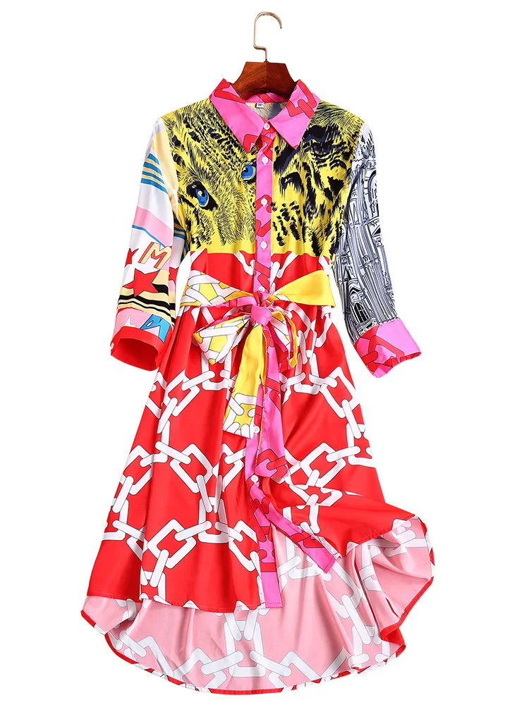 

Cat Leopard Cartoon Shirt Dress Runway Women Elegant 2019 Summer Autumn Buttons Chains Print Long Sleeve Maxi Dress Red Yellow