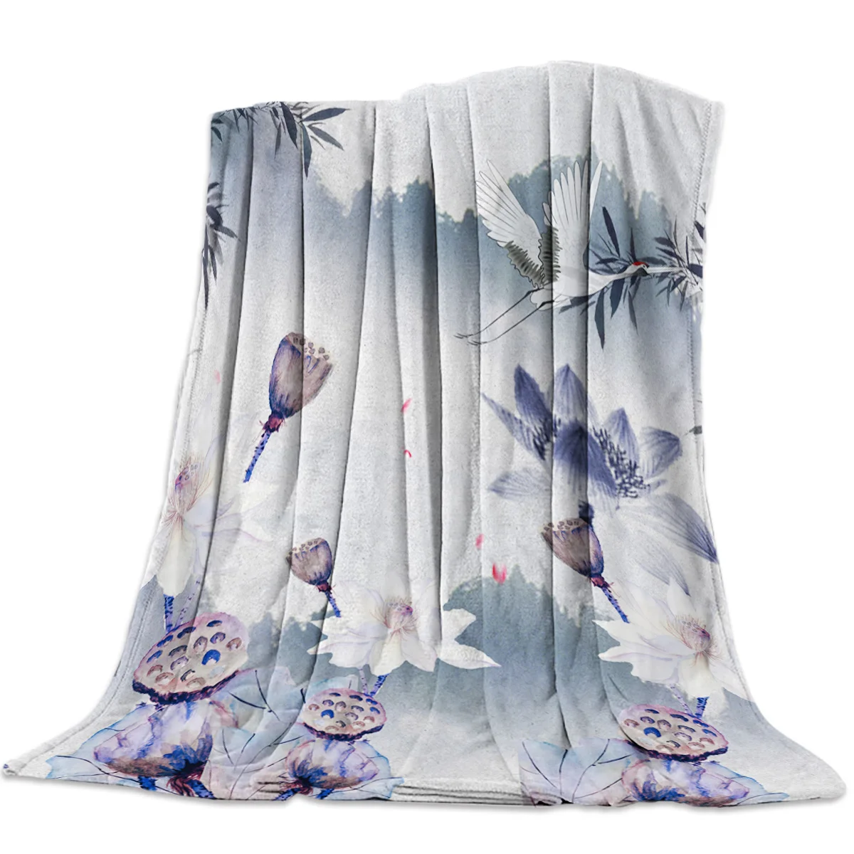 

Crane And Flower Ink Painting Throw Blanket Cute Kids Design Warm Microfiber Blanket