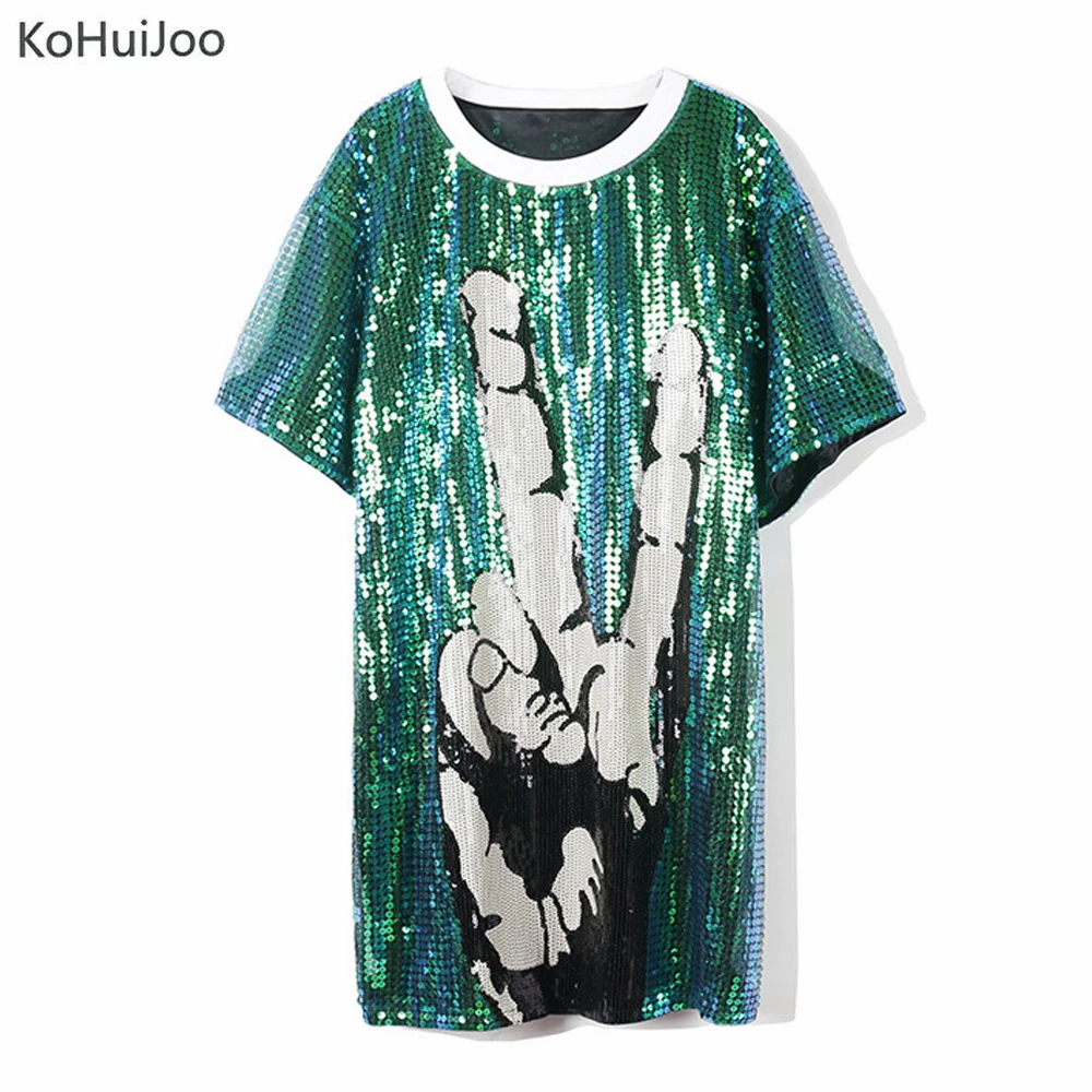 

KoHuiJoo 2019 New Summer Sequined Dress Women Short Sleeve O Neck Casual Straight High Street Blingbling Dresses Green