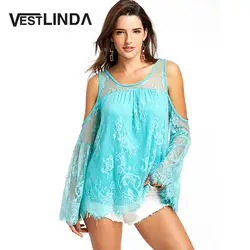 VESTLINDA Cold Shoulder Bell Sleeve кружевная блузка Для женщин волнистый ресниц край Tie-Back блузки рубашки Повседневное дамы Топ Blusas