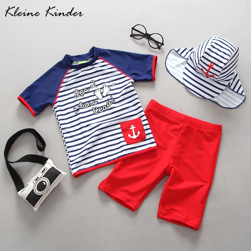 

UPF50+ Baby Swimsuit for Children Two Pieces Rash Guards Summer Baby Swimwear Boy Stripe Separate Short Sleeve Boys Bathing Suit