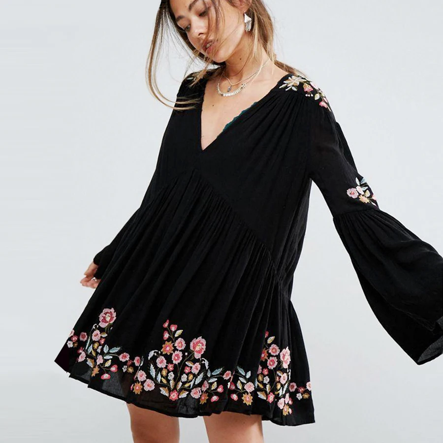 

Floral Embroidery A-line mini dresses 2018 spring rayon v-neck flare long sleeve boho chic dresses Casual Hippie dress women