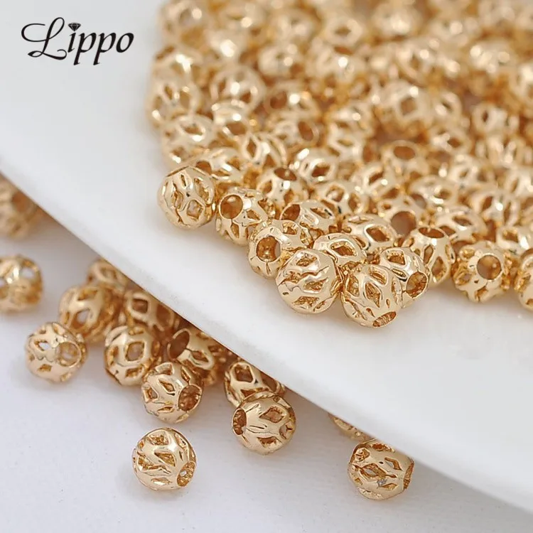 

35pcs 4mm 5mm 6mm Metal Copper openwork nuber beads 24k Gold Round European Beads Spacer DIY Bracelets Findings For Jewelry
