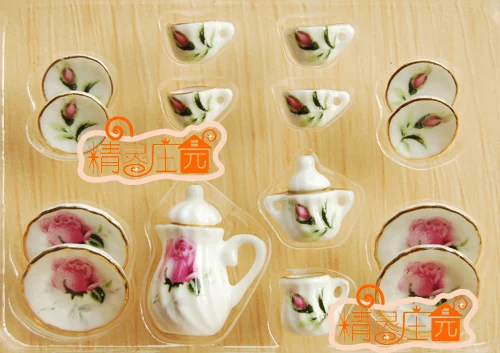 مصغرة دمية مصغرة الأثاث 15 مجموعات من السيراميك شاي ورد مع براعم