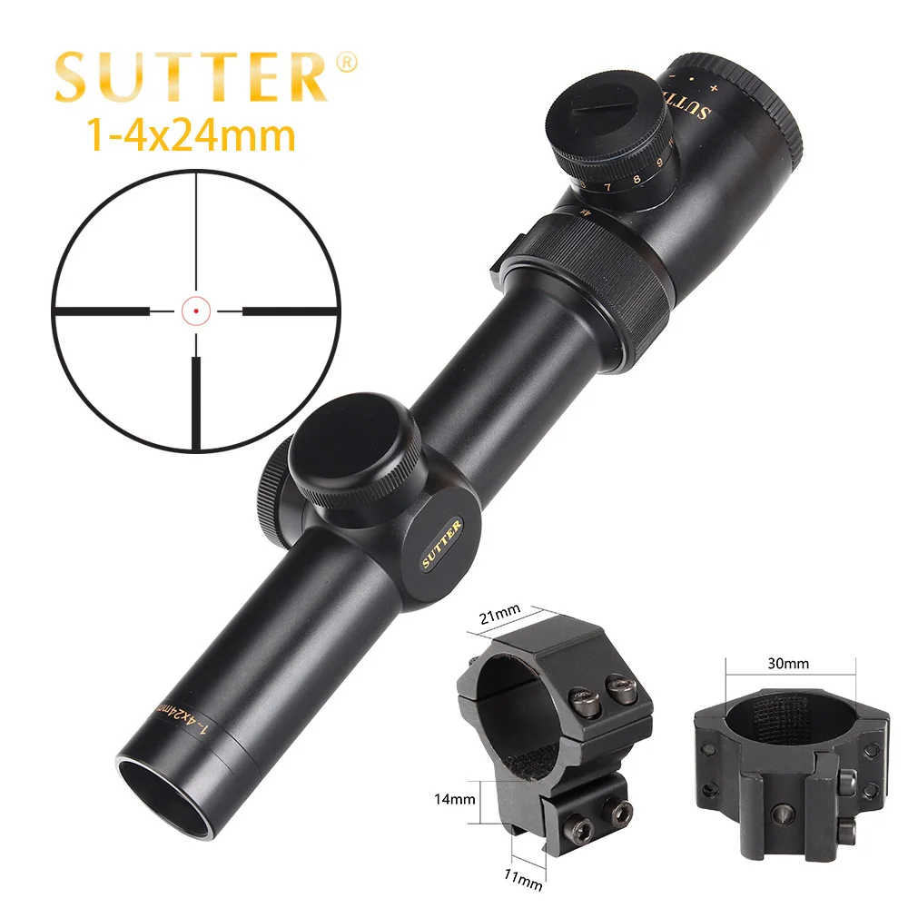 SUTTER 1-4X24 компактные прицелы для охоты R29 стеклянная сетка красный свет оптический прицел турели сброс тактический прицел - Цвет: with Dovetail Rings