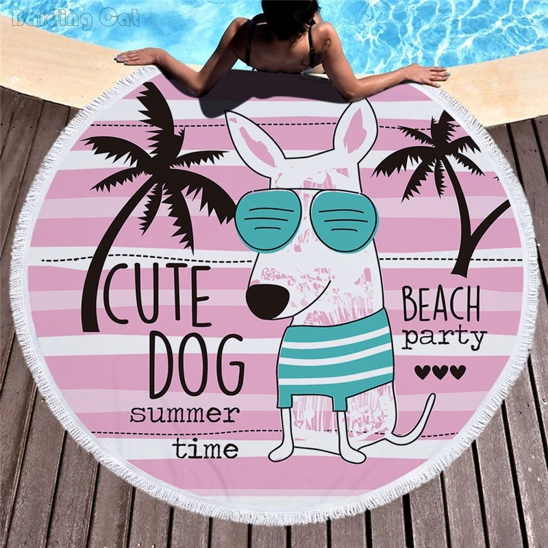 

Pink Dog Print Round Beach Towel with Tassels Beach Party Towel for Adult Kids 150cm Microfiber Sport Towels Picnic Yoga Towels