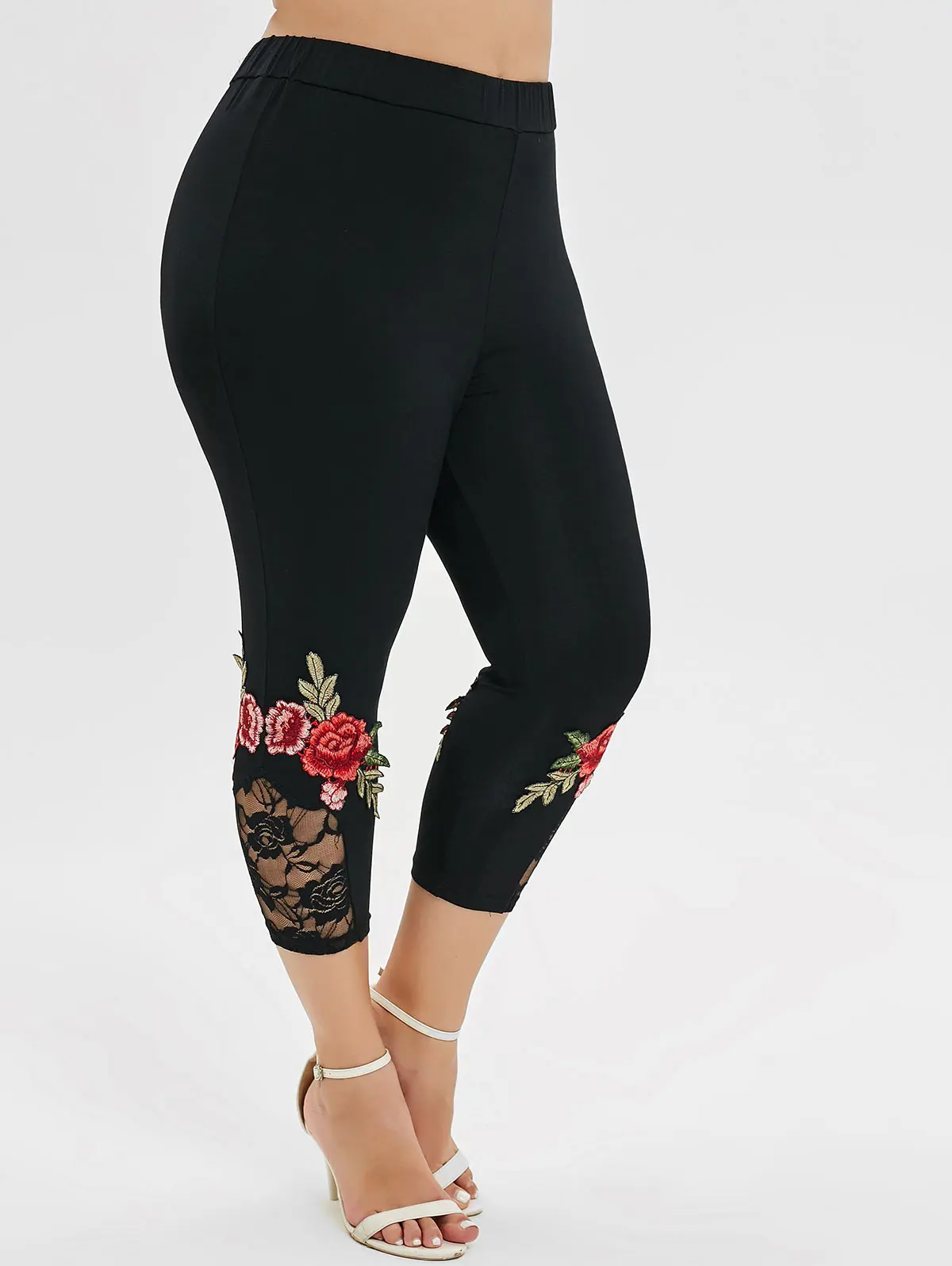 

Wipalo Plus Size Embroidery Cropped Leggings High Waist Summer Capri Leggings Lace Panel Patchwork Women Pants Skinny Leggings