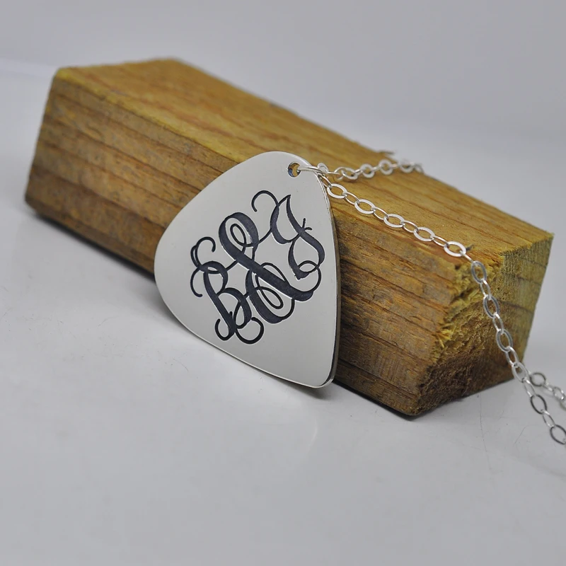 925 Sterling Silver Guitar Pick Necklace Monogram Initial Personalized Pendant Design Engraved