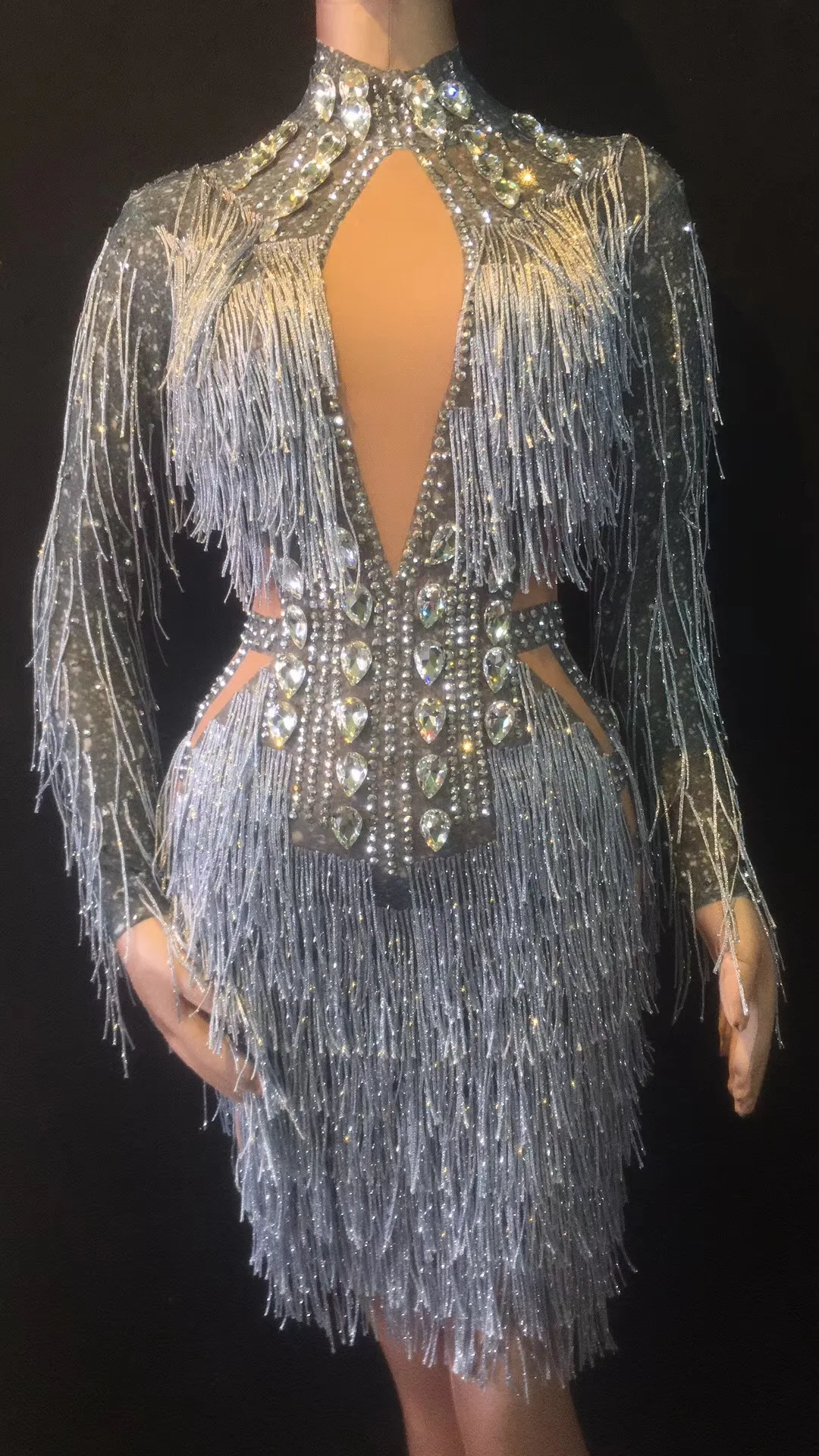 

2019 Women New Fashion Crystals Mesh Dress Sexy Rhinestones See Through Stage Dance Wear Evening Celebrate Fringes Dress Costume