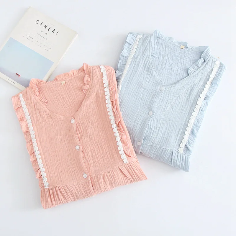 

New Spring and Summer 100% Cotton Crepe Maternity Nursing Pajamas Set Womens Long Sleeves Feeding Clothes Plus Size Sleepwear